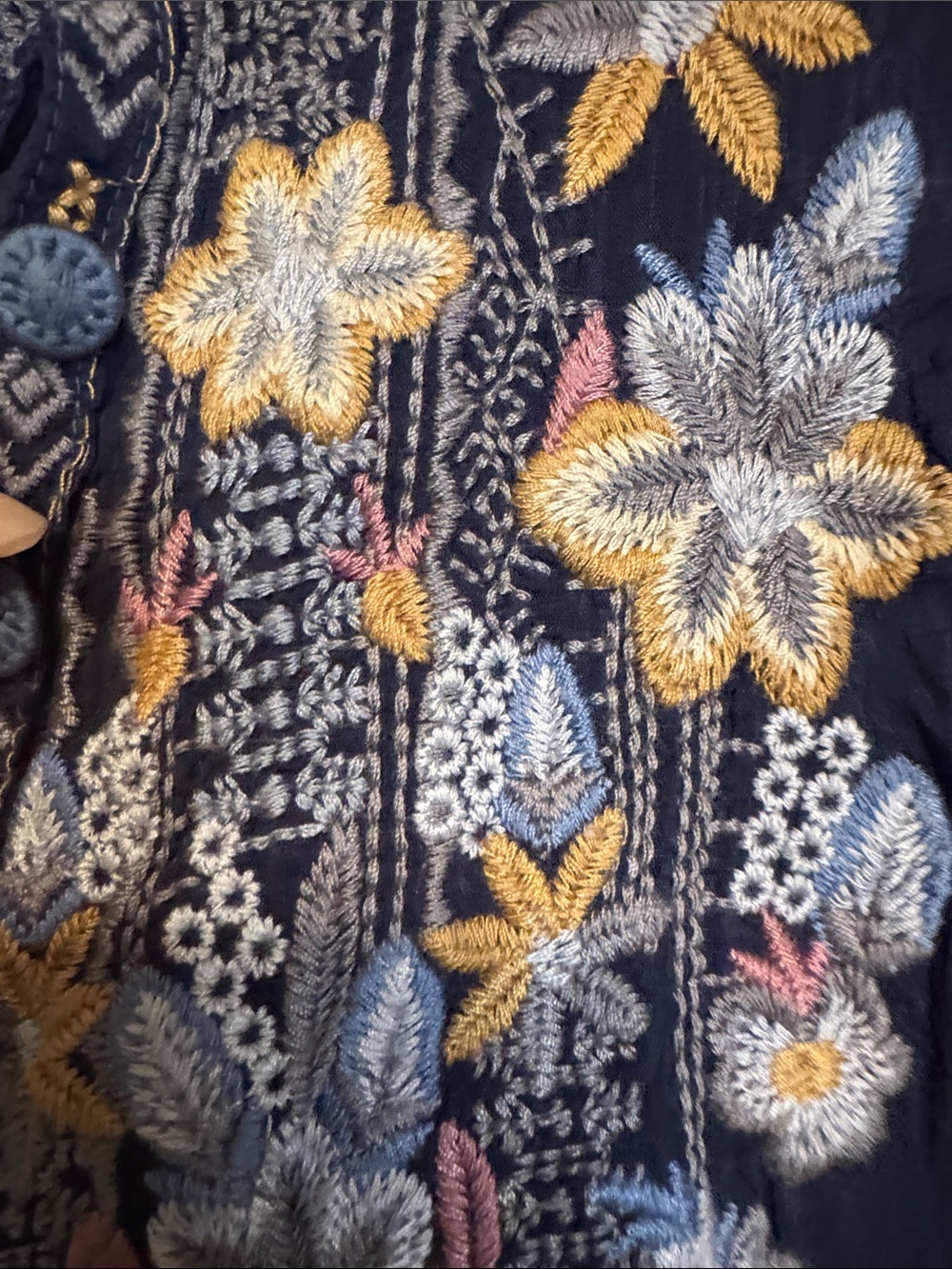 Johnny Was Navy Embroidered V-Neck Peasant Blouse - Picture 4 of 9